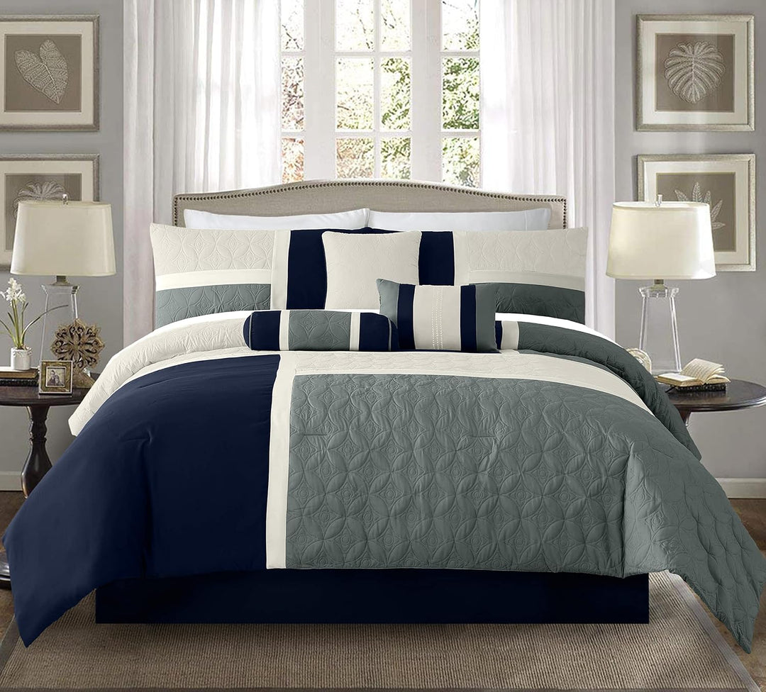 Chezmoi Collection Upland Steppdecken-Set, 7-teilig, Marineblau/Blau/Grau Full Marineblau/Blau/Grau,