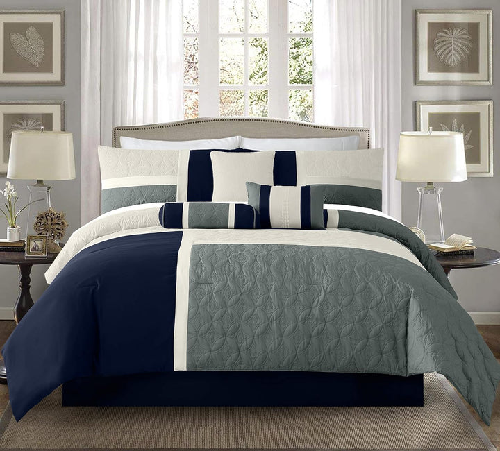 Chezmoi Collection Upland Steppdecken-Set, 7-teilig, Marineblau/Blau/Grau Full Marineblau/Blau/Grau,