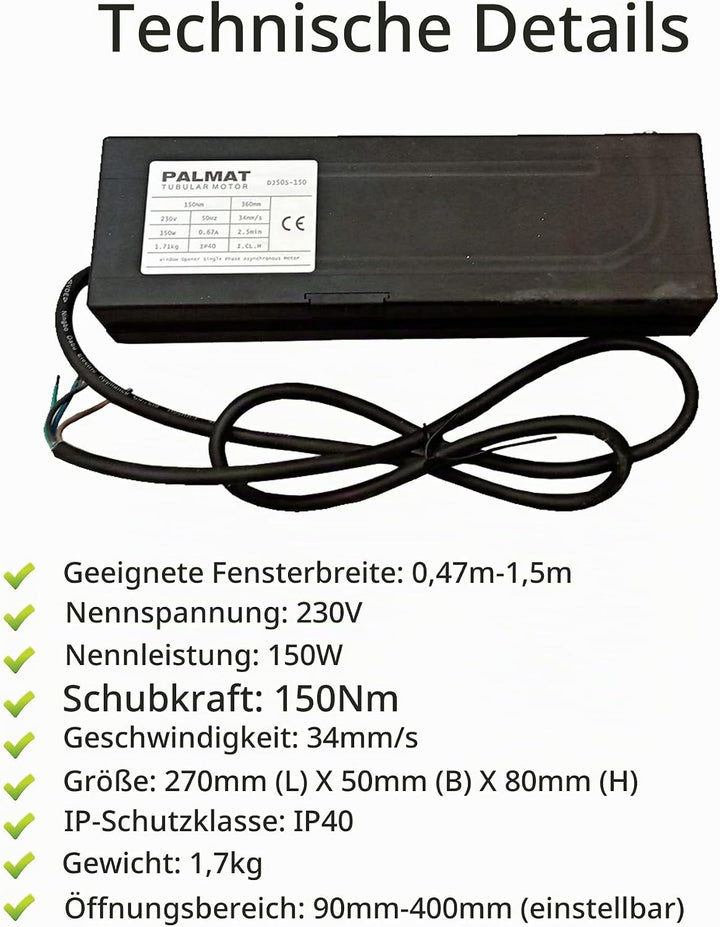 PALMAT – Elektronischer Fensteröffner mit Kettenantrieb, Geeignet für Schiebe-, Flügel- und Dachfens