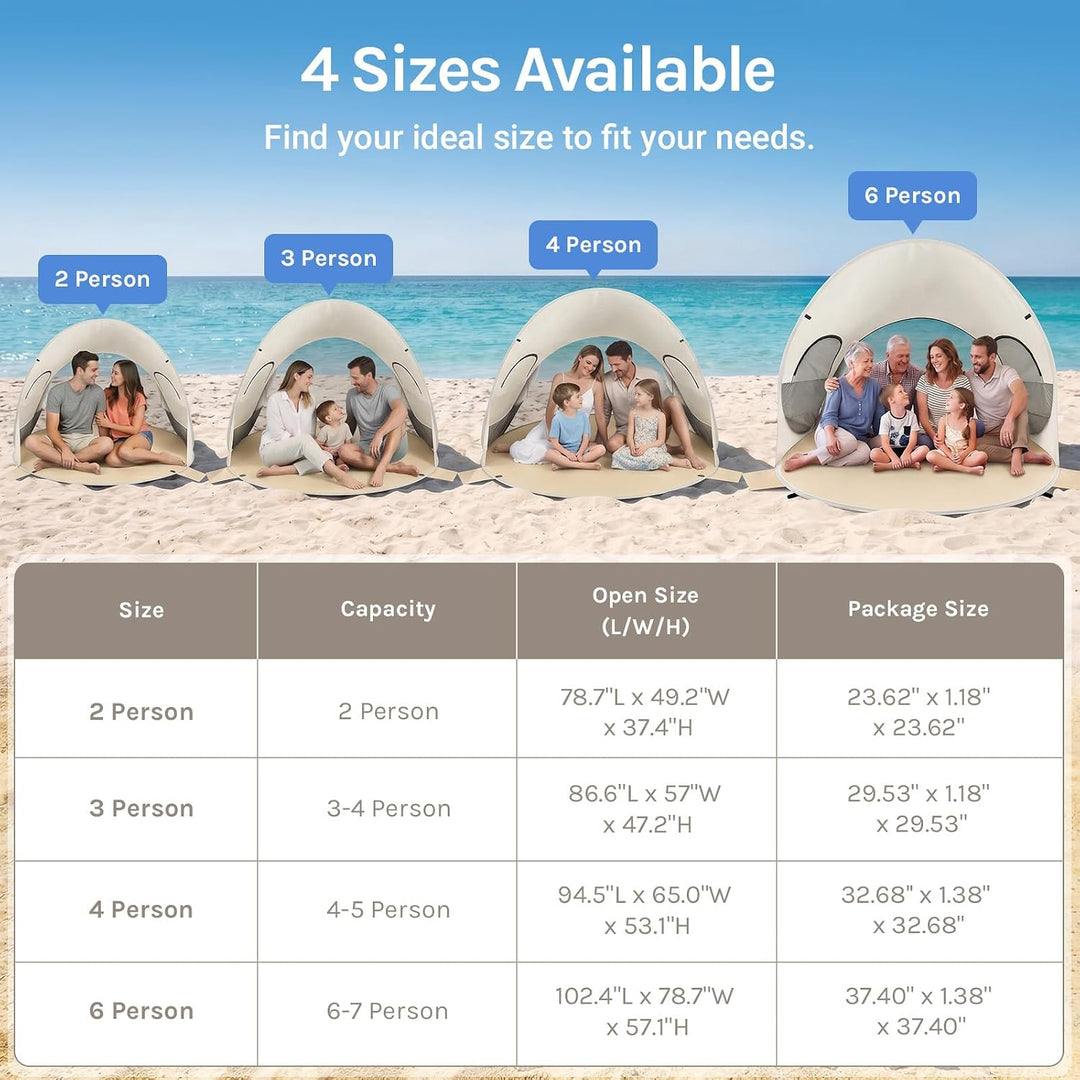 Wolfwise Pop Up Strandmuschel für 4 Personen, Sofort Aufbau, UV-Schutz 50+, Wasserabweisend, Belüfte