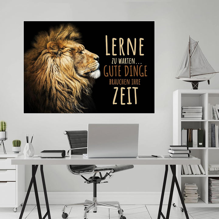 wandmotiv24 Poster als Wanddeko, Grösse Din A0, lerne zu warten, Zeit, Löwe, Moderne Wanddeko, Wandb