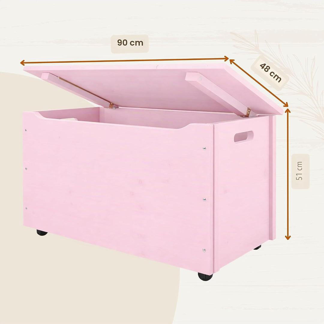 Pinus Spielzeugkiste 90x48x51 cm mit Deckel Rollen Kinderzimmer Rosa | Kiefernholz, grosse Aufbewahr