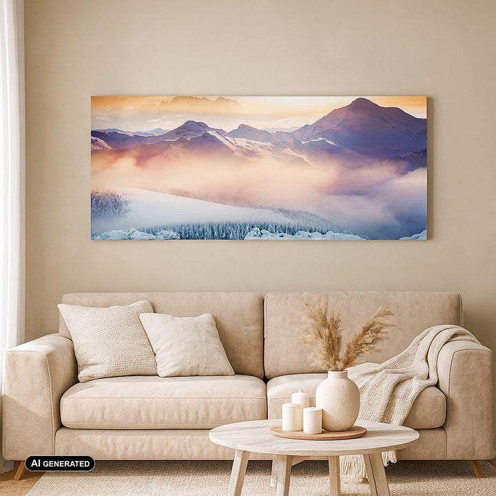 Wandbilder Dekoration Wohnzimmer Berge Schnee Winter Panorama Bilder auf Leinwand 120x50cm Leinwandb
