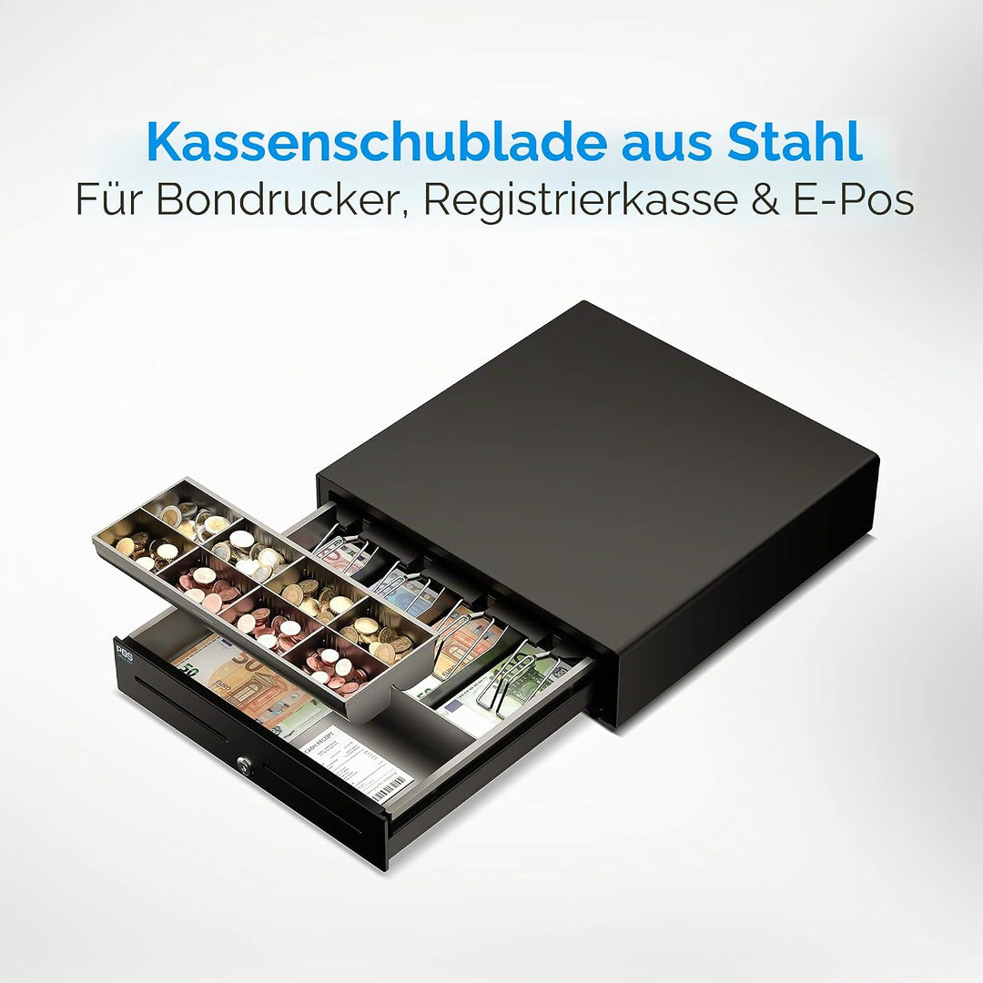 Kassenschublade - Professionelle, Elektrisch (RJ11-12) / Manuell Öffnen - 4 Scheinfächer / 8 grosse