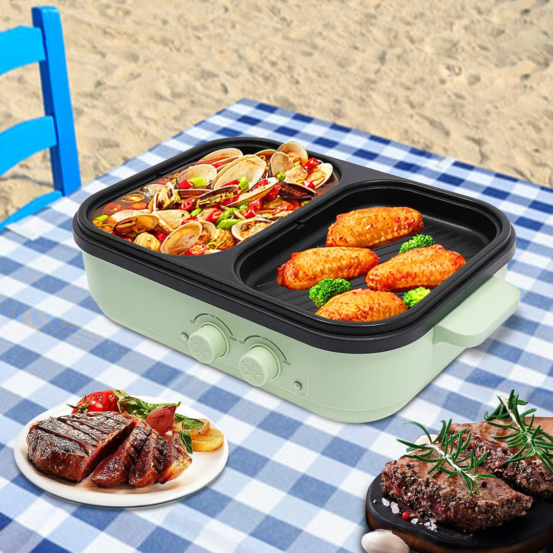 1300W Elektrischer Kochtopf, 2 in 1 Hot Pot Grill, Zweifache Temperaturregelung, Fassungsvermögen 1L