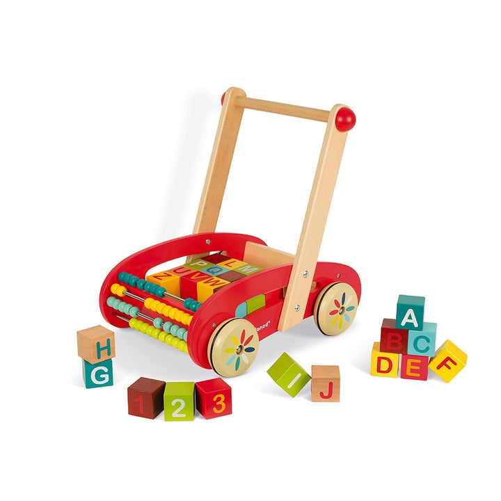 Janod - Tatoo Abc Buggy Wooden Walker for Children - 30 Blocks Included - For children from the Age