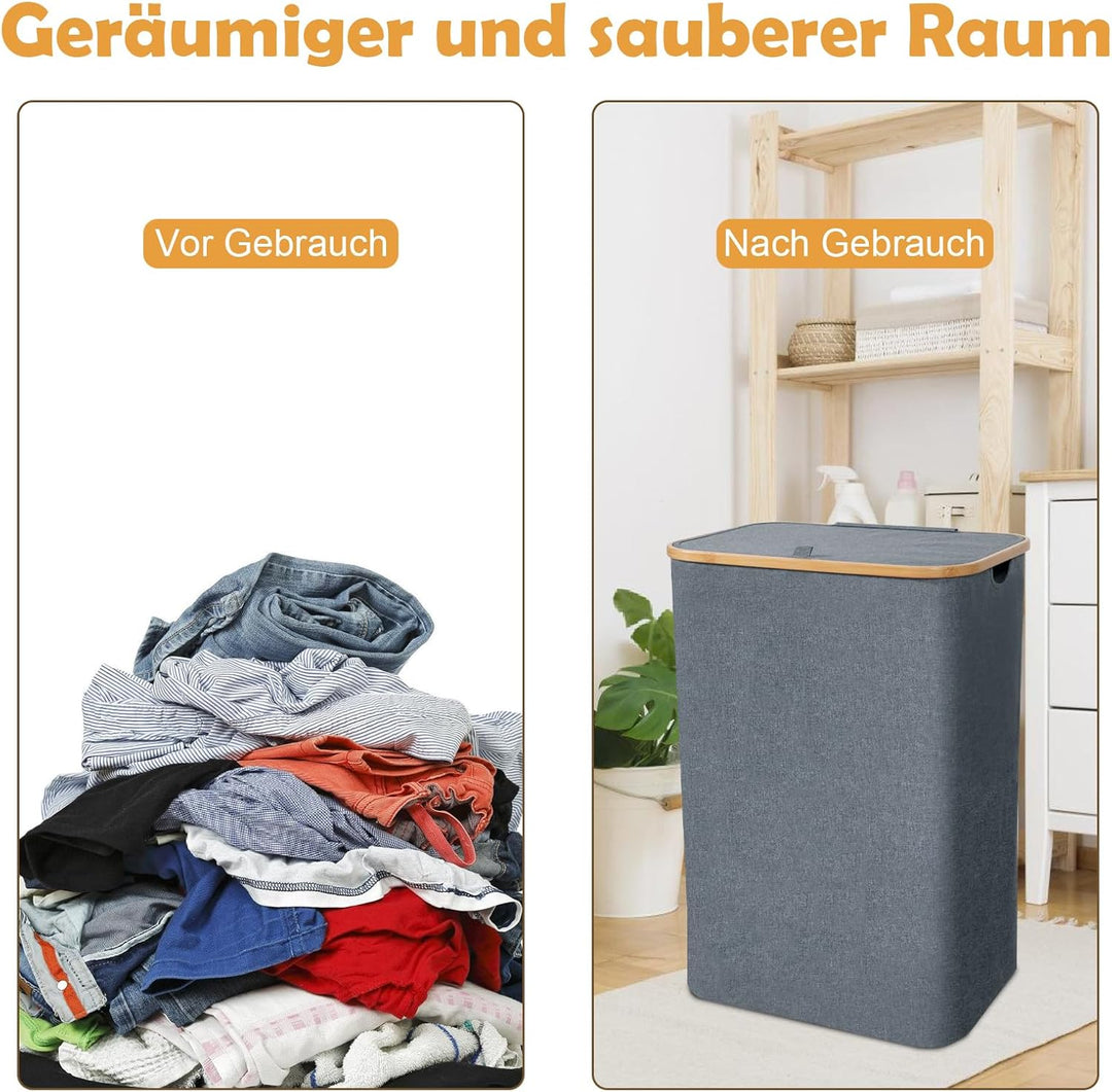 CALIYO WäSchekorb Mit Deckel 100 Liter, Wäschesammler Schmal mit Henkel und Abnehmbarem Beutel, Wäsc