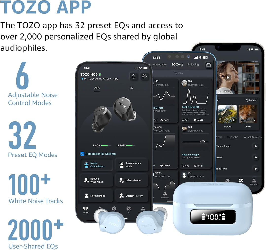 TOZO NC9 In Ear Kopfhörer Kabellos Bluetooth 5.3 mit Hybrid Active Noise Cancelling, 6 Mikrofone für