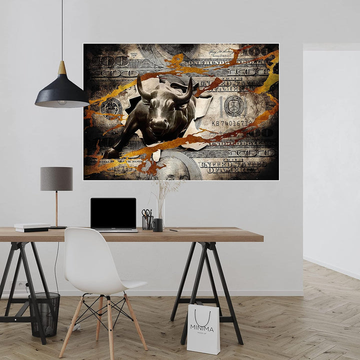 wandmotiv24 Poster als Wanddeko, Grösse 100x70cm, Stier stürmt durch Geldschein, Dollar, Geld, Tier,