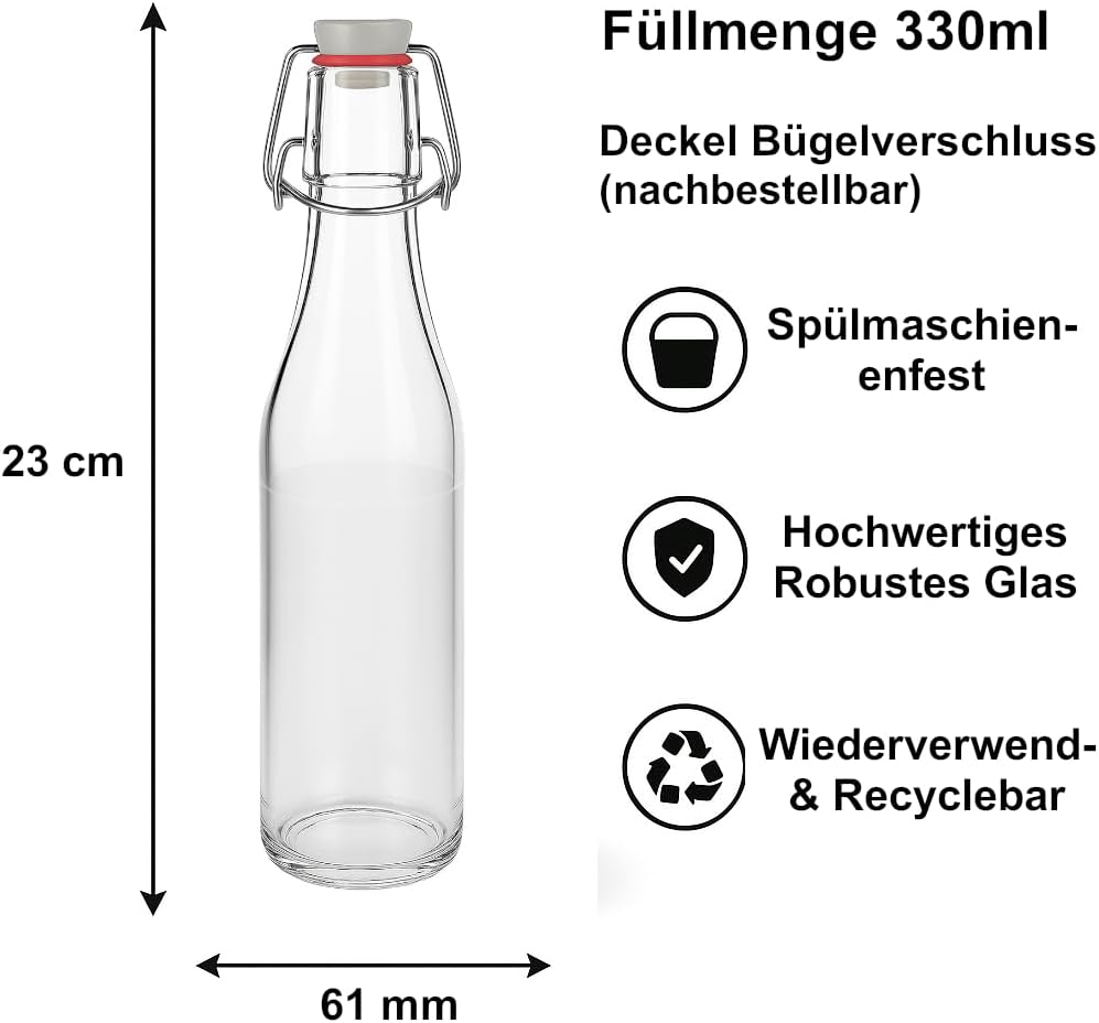 hocz 10er Set Bügelflaschen Bügelflasche Glasflaschen 330ml mit Bügelverschluss zum Selbstbefüllen B