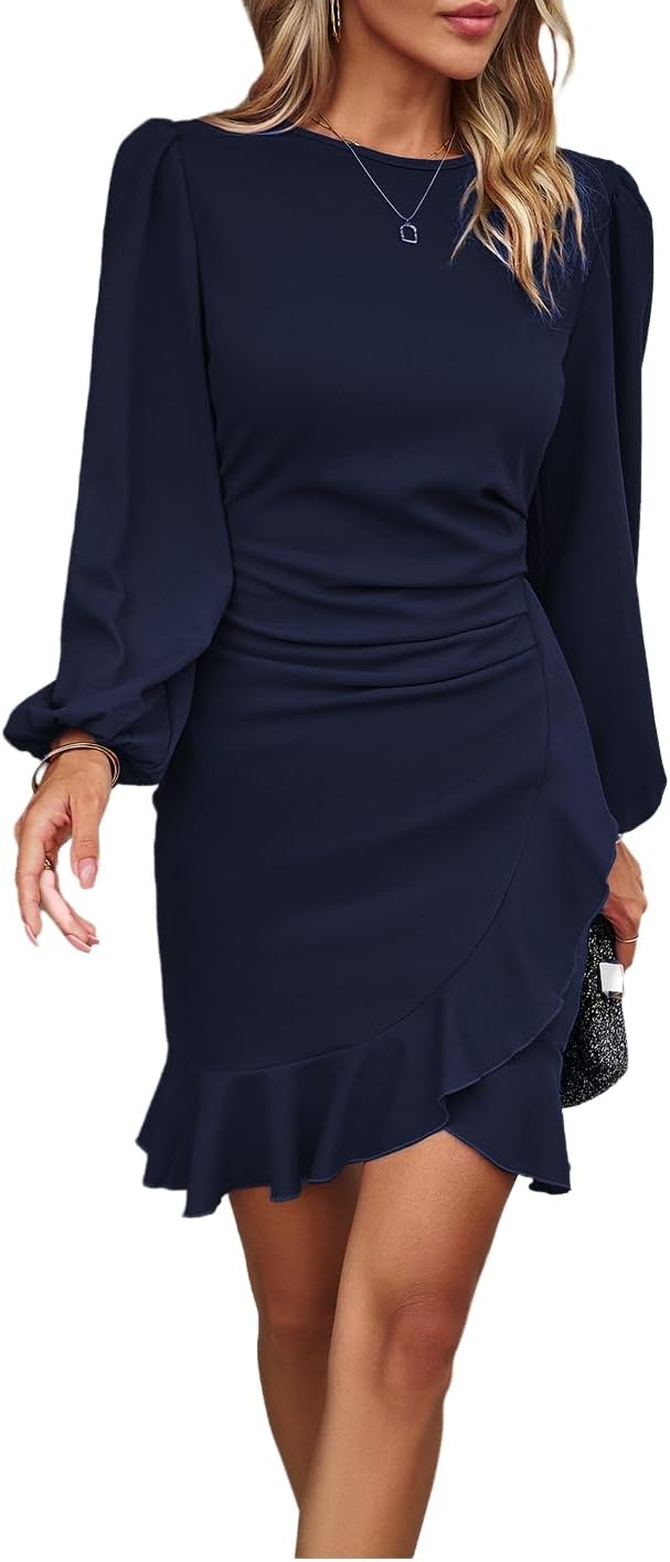 Damen Arbeit Business Kleid Langarm Rüschen Puffärmel Partykleider Bodycon Knielang Abendkleider Ble