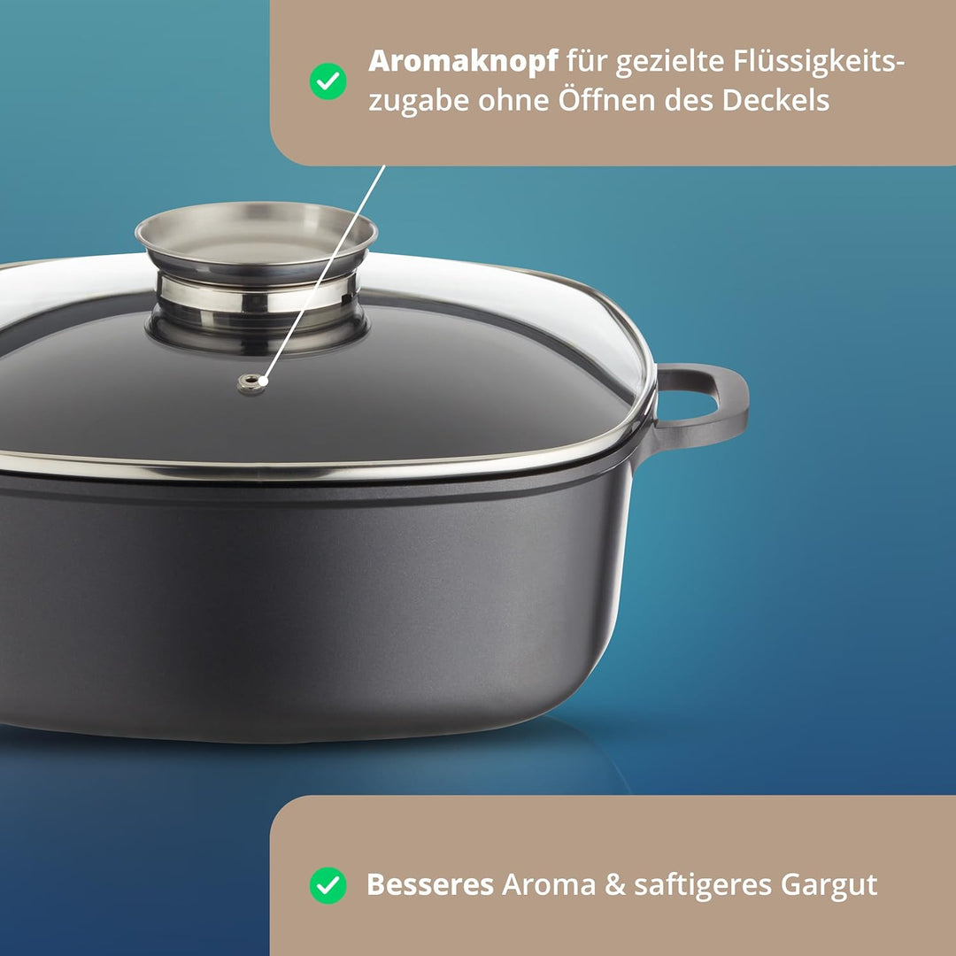 KHG Aluminium Bräter mit Glasdeckel & Aromaknopf 28x28 cm Quadratisch 7,5 L - ILAG Xeradur®5 Antihaf
