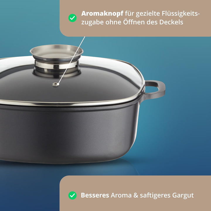 KHG Aluminium Bräter mit Glasdeckel & Aromaknopf 28x28 cm Quadratisch 7,5 L - ILAG Xeradur®5 Antihaf
