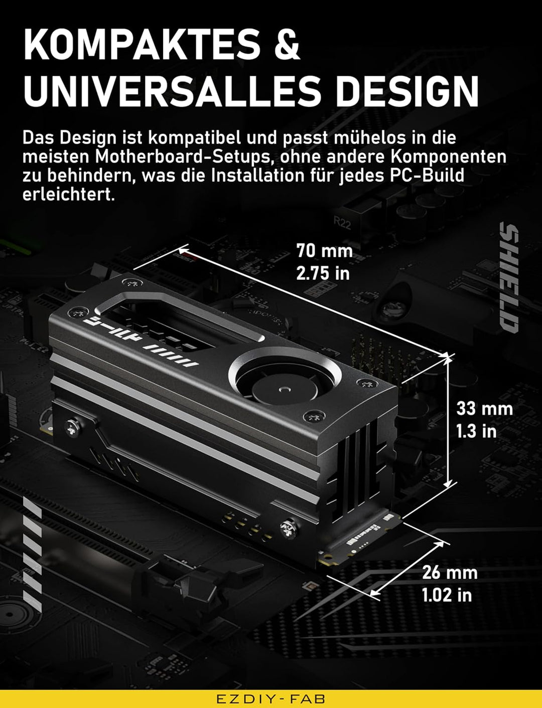EZDIY-FAB Shield M.2 SSD-Kühlkörper mit eingebautem 20mm PWM-Lüfter, Premium-Aluminium-Design, Hochl