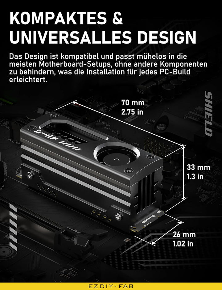 EZDIY-FAB Shield M.2 SSD-Kühlkörper mit eingebautem 20mm PWM-Lüfter, Premium-Aluminium-Design, Hochl