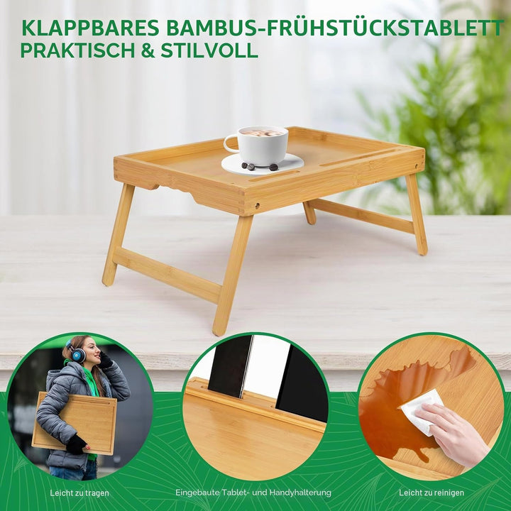 Betttablett mit Griffen, klappbaren Beinen, Bambus, Frühstückstablett mit Handy- und Tablet-Halter,