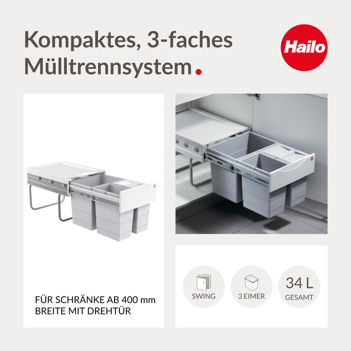 Hailo Raumspar Tandem Küchen-Abfalleimer, Plastik, Grau, One
