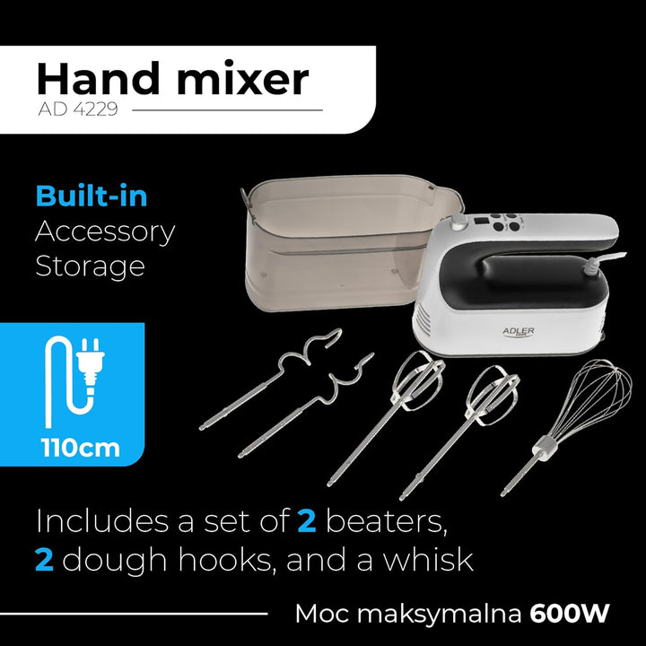 Adler AD 4229 Elektrischer Handmixer, 5 Zubehörteile, digitale Geschwindigkeitsregelung, Turbo, Weis
