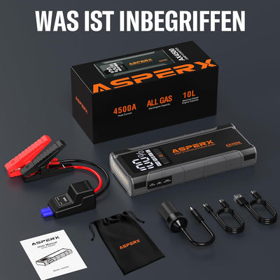 AsperX Starthilfe Powerbank 4500A 12V(Bis Zu Alle Benzin Oder 10,0 L Diesel) Auto Starthilfe Mit LED