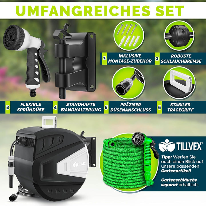 tillvex Schlauchtrommel Wasser mit Wandhalterung + Tragegriff | Schlauchaufroller mit Handbrause und
