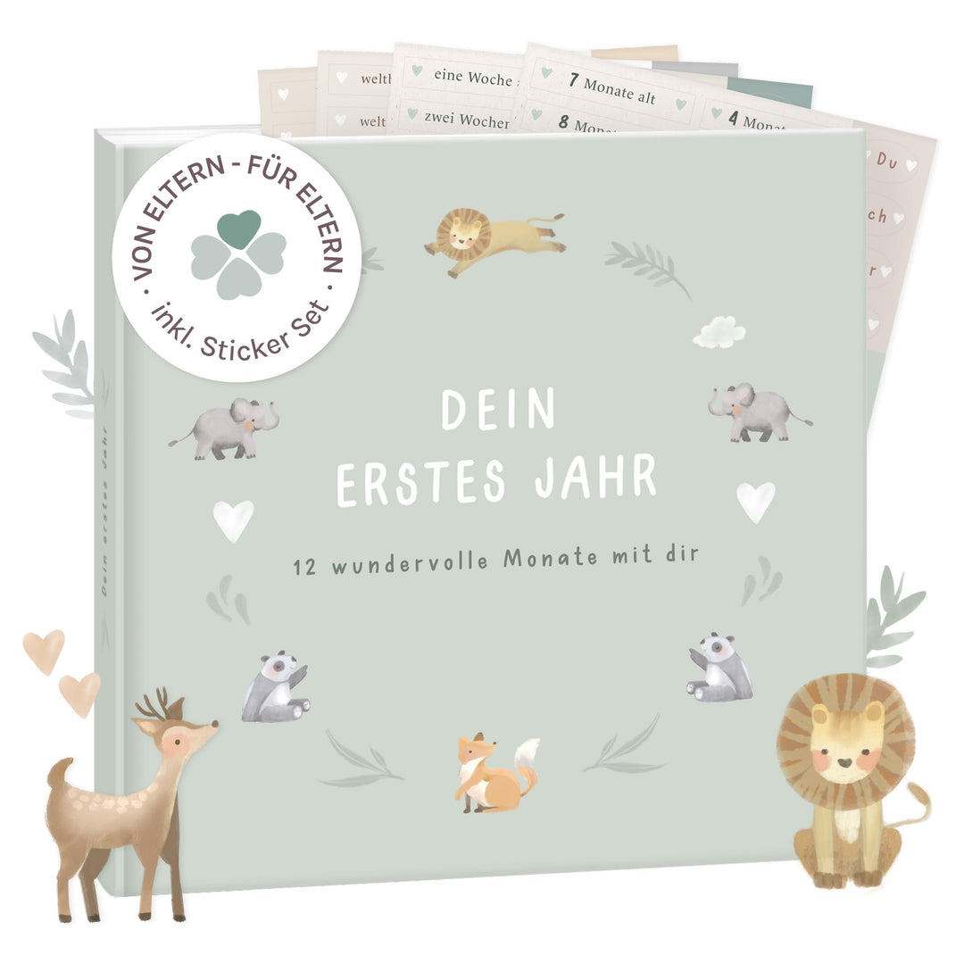 mintkind® Mein erstes Jahr Babyalbum Salbei – sanftes Babytagebuch mit 176 Seiten und Sticker-Set fü