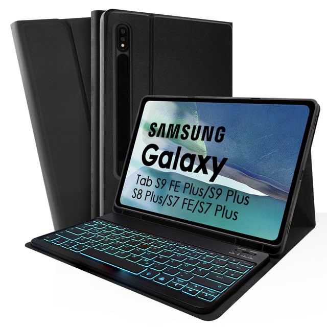SOPPY Hülle mit Tastatur für 12,4'' Samsung Galaxy Tab S9 FE+/S9 Plus/S8+/S7+/S7 FE, Kabellose 7-Far