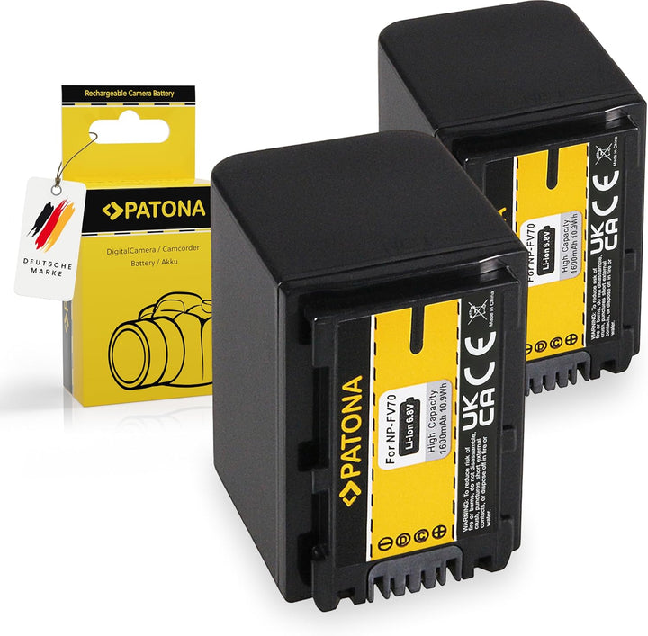 PATONA 2X NP-FV70 Akku 1600mAh Ersatzakku kompatibel mit Sony Camcorder FDR-AX100E AXP33 DCR DVD110E