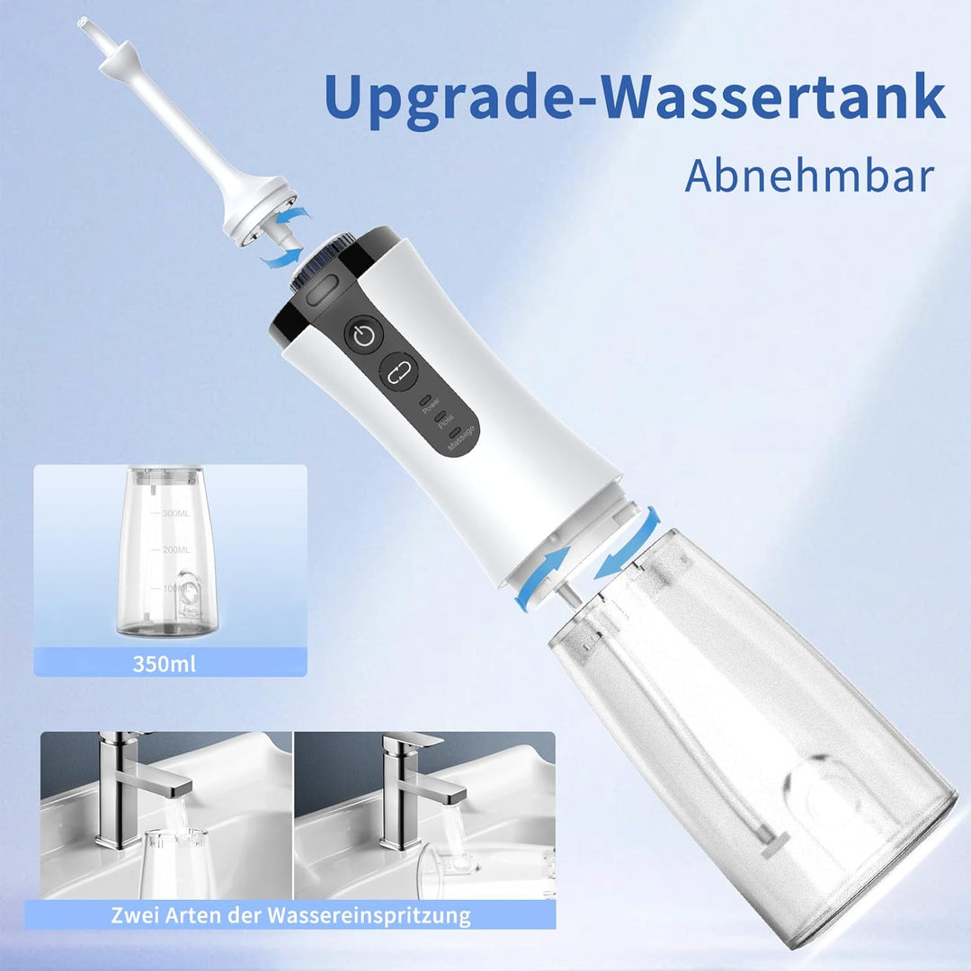 Visuell Munddusche Kabellos, IPX7 Wasserdicht, 5 Multifunktionale Jet-Tipps, 350ML WassertankTestsie