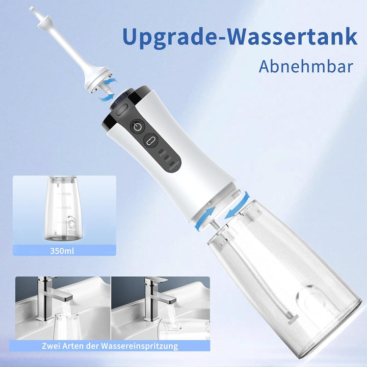 Visuell Munddusche Kabellos, IPX7 Wasserdicht, 5 Multifunktionale Jet-Tipps, 350ML WassertankTestsie