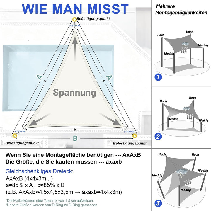 LOVE STORY Sonnensegel Dreieckig 4x4x3m Wasserdicht Segeltuch Sonnenschutz Windschutz PES mit 95% UV