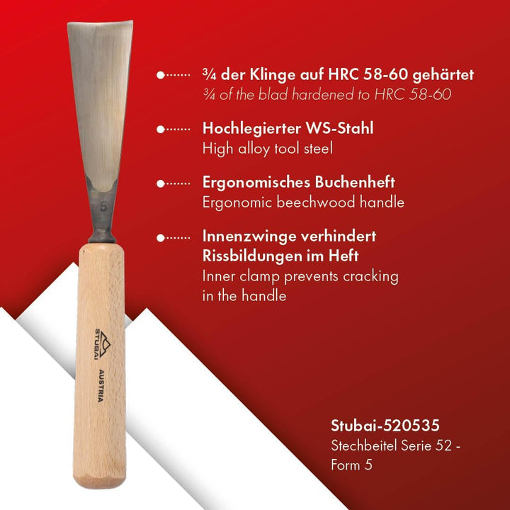STUBAI Stemmeisen Stechbeitel Serie 52 - Form 5 | Gerades Hohleisen - 35 mm, mit Holzgriff, zum Vors