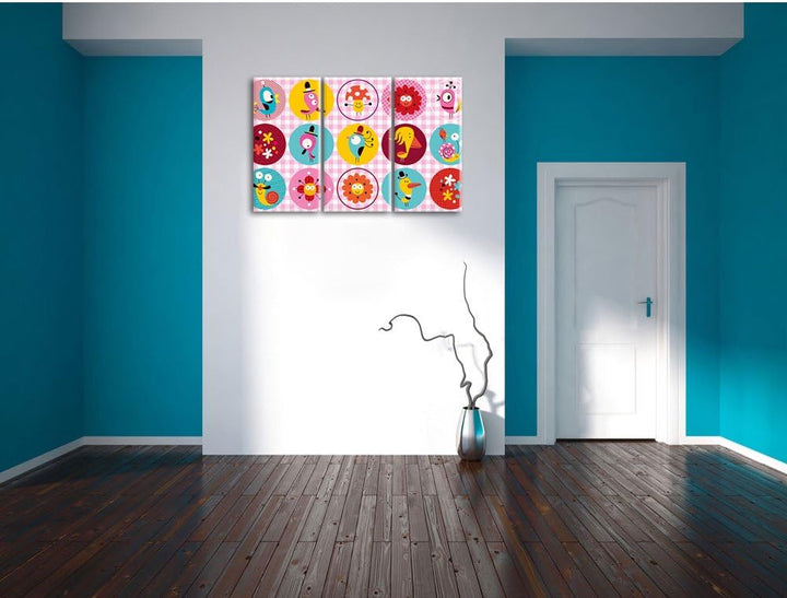 Pixxprint Lustige Tiere und Pflanzen als Leinwandbild/Grösse: 3 Teilig (120x80) cm/Wandbild/Kunstdru