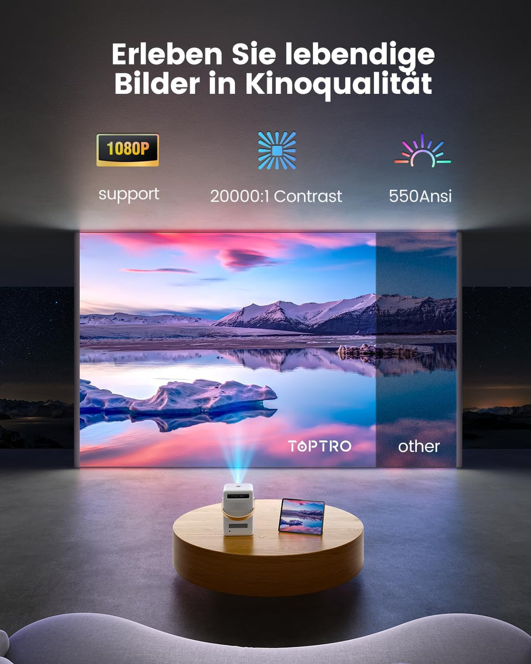 Mini Beamer【Eingebauter Akku & Andriod TV】 Toptro 1080P Full HD Beamer Heimkino mit Elektrischer Fok