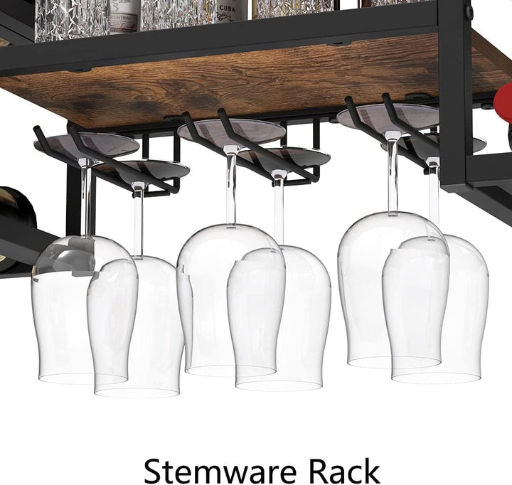 VEDECASA industriell wandmontierte Weinregal mit 3 Dampfglashalter Partial Holzregal Schwarz Metallf