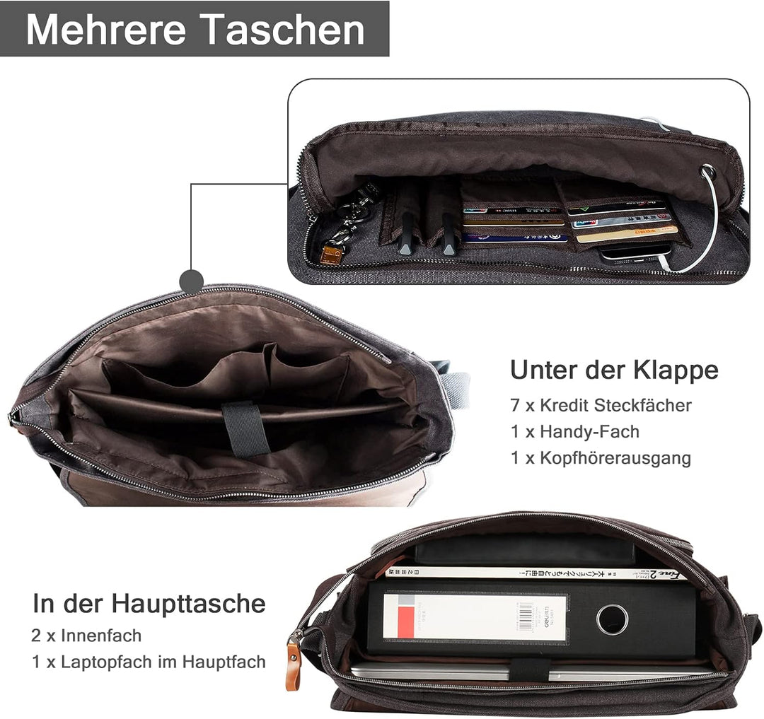 Estarer Laptoptasche 17 Zoll Umhängetasche Canvas für Arbeit Uni Grau 17-17.3