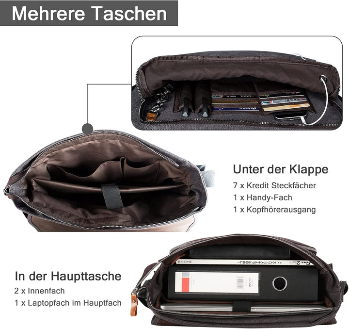 Estarer Laptoptasche 17 Zoll Umhängetasche Canvas für Arbeit Uni Grau 17-17.3