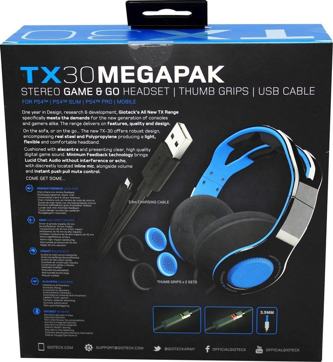 Gioteck - TX30 Megapack - Stereo Game&Go Headset + Daumengriffe + USB-Ladekabel für PS4, blau, einst
