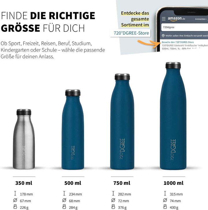720°DGREE Edelstahl Trinkflasche “milkyBottle” - 1L - BPA-Frei, Auslaufsicher, Kohlensäure geeignet