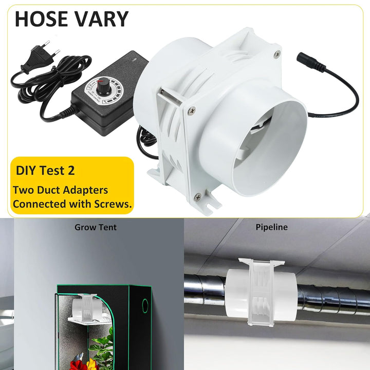DC12V Rohrventilator, Lüfter 12V Abluftventilator ⌀100mm Axiallüfter mit 0~100% Regler, Kanaladapter