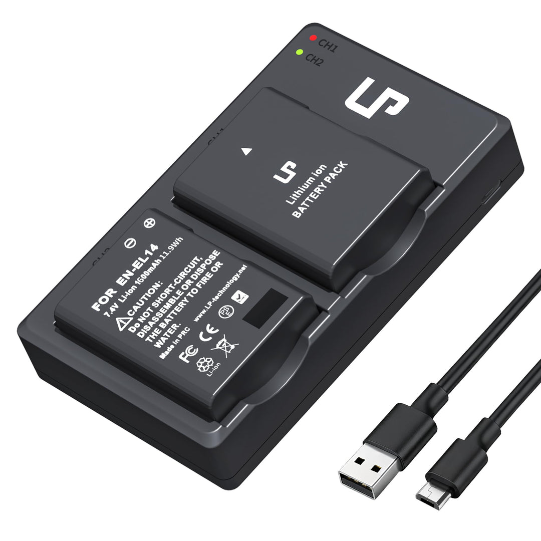 LP EN-EL14 EN EL14a Akku-Ladegerät-Set, 2er-Pack 1600mAh Akku &amp; Dual-Slot-Ladegerät, kompatibel mit