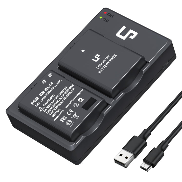 LP EN-EL14 EN EL14a Akku-Ladegerät-Set, 2er-Pack 1600mAh Akku &amp; Dual-Slot-Ladegerät, kompatibel mit