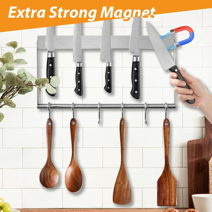 Magnetleiste Messer, 40 cm Messerhalter Magnetisch aus Edelstahl mit 6 Haken Einfache Montage Magnet