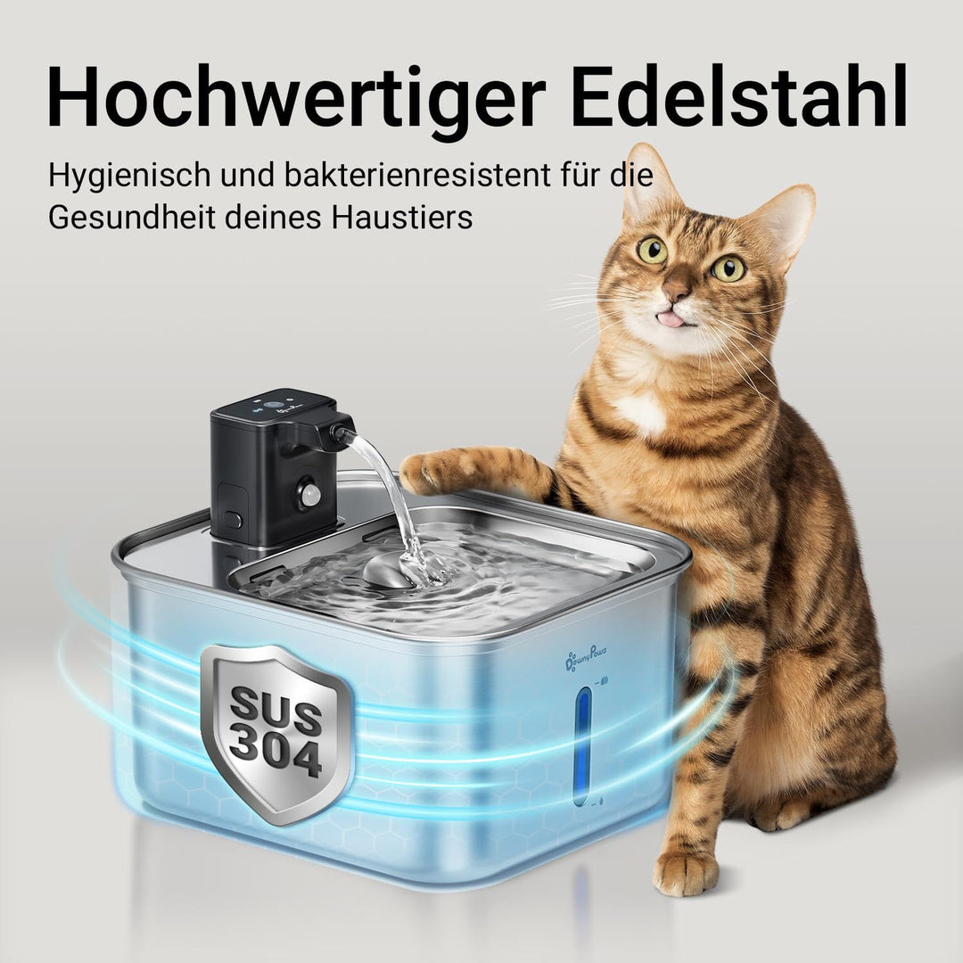 DownyPaws Trinkbrunnen für Katze Edelstahl Kabellos, 3L Katzenbrunnen mit Bewegungsmelder, Batterieb
