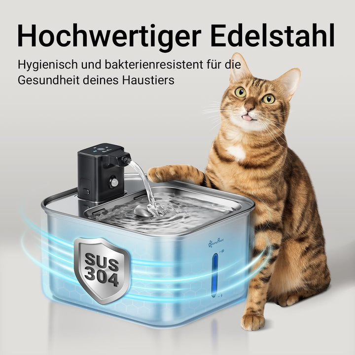 DownyPaws Trinkbrunnen für Katze Edelstahl Kabellos, 3L Katzenbrunnen mit Bewegungsmelder, Batterieb