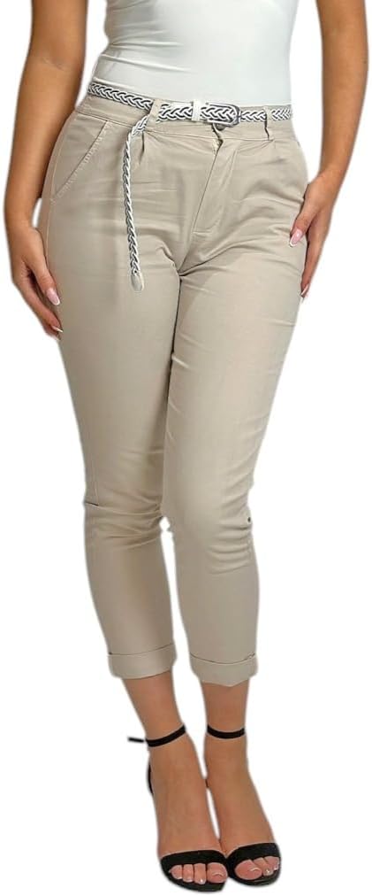 Mississhop Damen Baumwolle Klassische Chino Hose mit Gürtel L Beige, L Beige