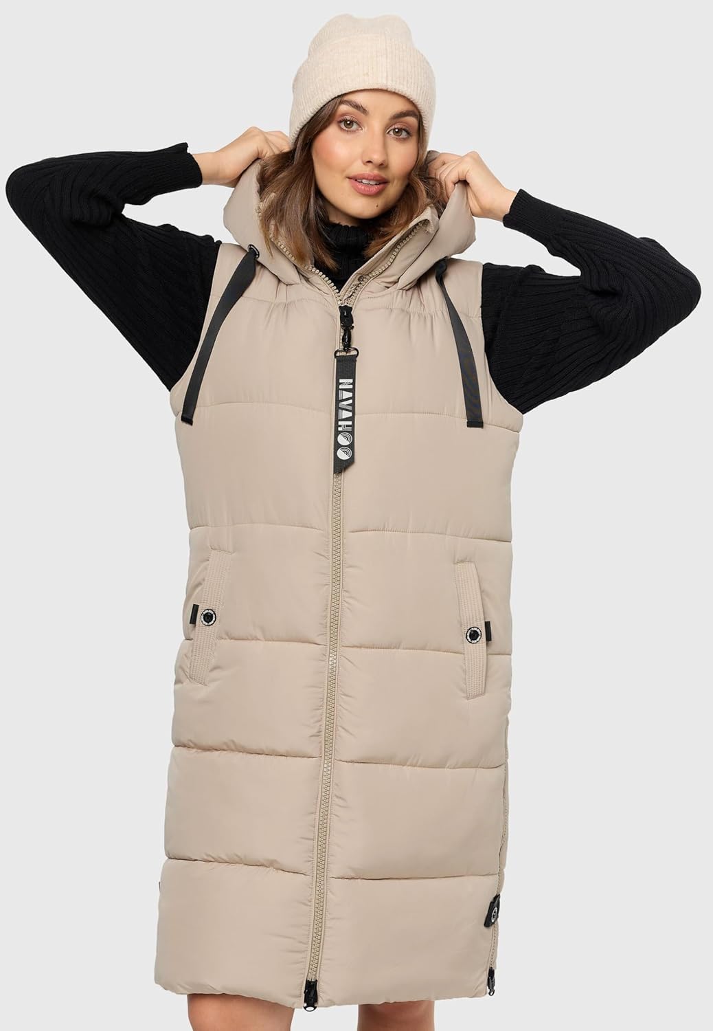 Navahoo Damen ärmellose Lange Outdoorweste warme Winterjacke Schnuffelchen XS-3XL S Taupe, S Taupe