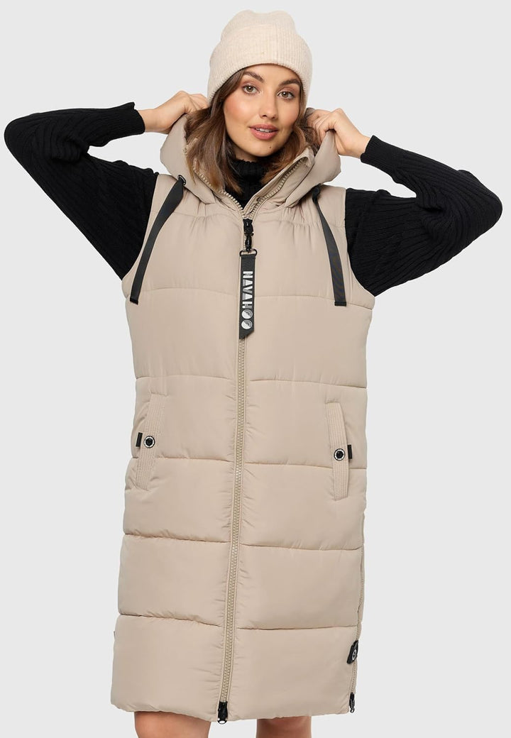 Navahoo Damen ärmellose Lange Outdoorweste warme Winterjacke Schnuffelchen XS-3XL S Taupe, S Taupe
