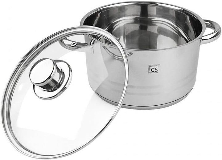 KOCHTOPF-SET mit Glasdeckel 7-teilig Edelstahl rostfrei, hochglänzend mit satinierten Streifen und K