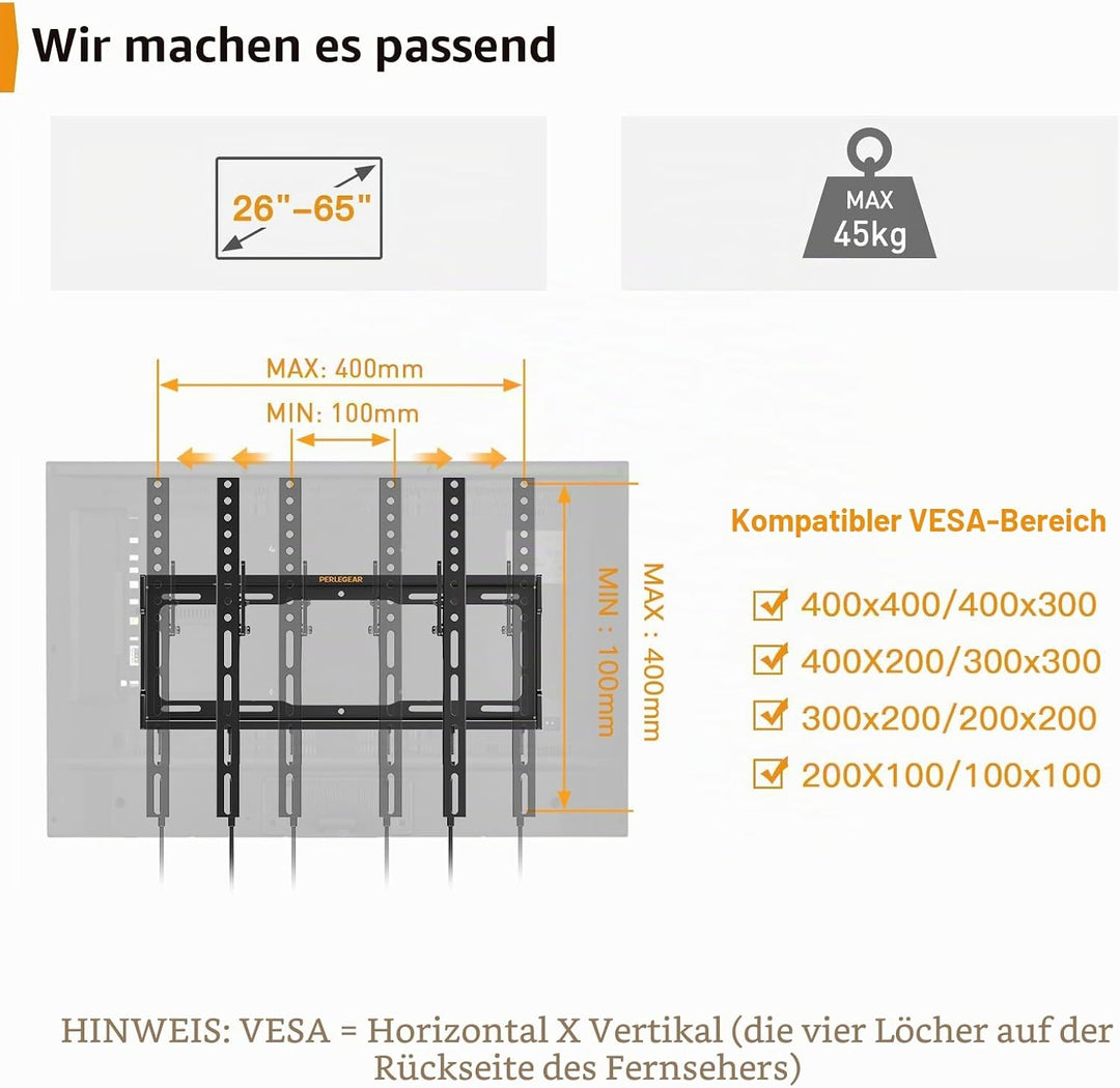 Perlegear TV-Wandhalterung, neigbar, für LED, LCD, OLED, Flachbildfernseher von 26 bis 65 Zoll, VESA