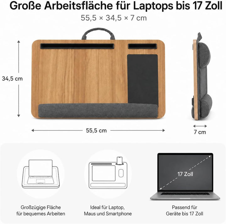 Laptopkissen für Schoss, Bett & Sofa, Laptoptisch mit Kissen, Mauspad, Handyhalter, Handgelenkauflag
